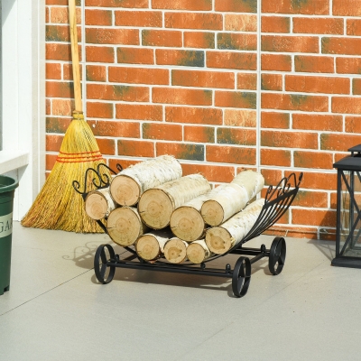 Outsunny 23" Firewood Log Rack Curved Fireplace Log Holder Stylish Wood Storage Carrier with Scrolls, for Outdoor and Indoor Use, Black