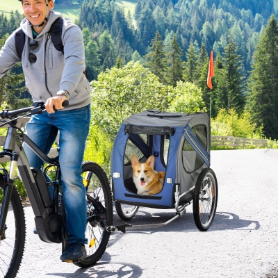 PawHut Dog Bike Trailer Pet Cart Bicycle Wagon Cargo Carrier Attachment Foldable for Travel, Blue and Grey