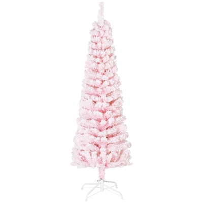 HOMCOM 5ft Flocked Christmas Tree, Pencil Christmas Tree with Realistic Branch Tips, Folding Metal Stand, Pink