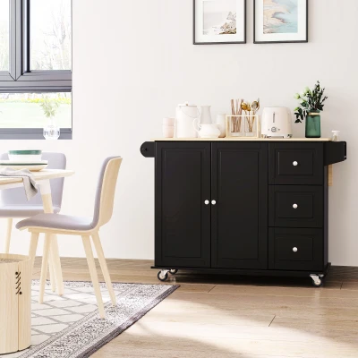 HOMCOM Mobile Kitchen Island Cart, Black with Drop Leaf & Storage