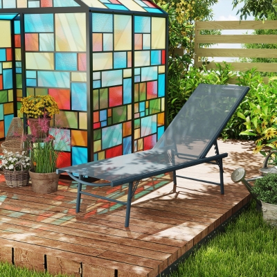 Outsunny Folding Outdoor Lounge Chair, Reclining Chaise Lounge Tanning Chair w/ Adjustable Back, Mesh Seat, Light Grey