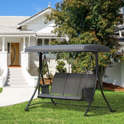 Outsunny 3 Person Porch Swing Outdoor Swing Chair with High Back Design, Side Pouches and Adjustable Canopy, Dark Grey