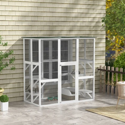 PawHut 71" Outdoor Cat House, Wooden Feral Cat Shelter, White