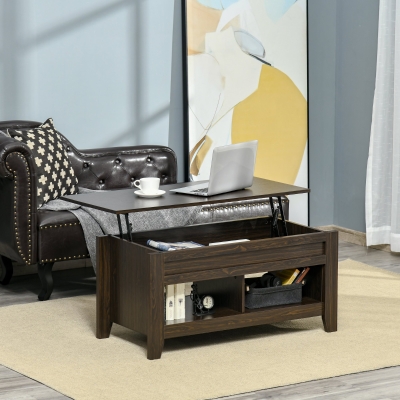 HOMCOM Lift Top Coffee Table with Hidden Storage Compartment and Open Shelves, Lift Tabletop Pop-Up Center Table for Living Room, Dark Walnut
