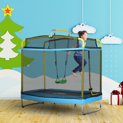 Qaba 6.9FT Kids Trampoline with Safety Net, Gymnastics Bar, Swing, Toddler Trampoline for 3+ Years Old Indoor/Outdoor