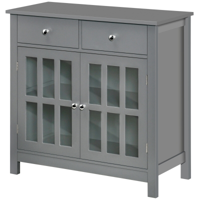 HOMCOM Accent Kitchen Cabinet with Glass Doors, Adjustable Shelf and 2 Drawers for Kitchen ,Grey