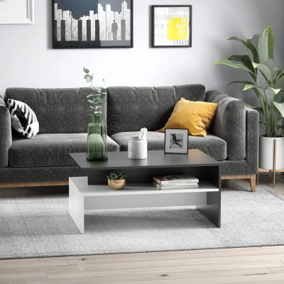 HOMCOM Modern Coffee Table, 2-Tier Rectangular, Black/White