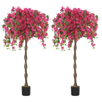 HOMCOM Set of 2 Decorative Artificial Plants, Murraya Flowers in Pots, Fake Plants for Indoor Decor, 59-inch, Purple and Red