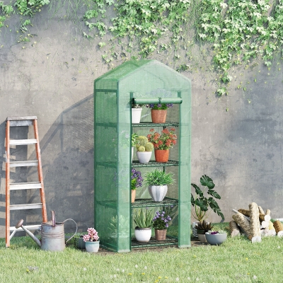 Outsunny Portable Greenhouse, Outdoor Hot House Plant Flower Greenhouse with 4 Tier Shelves, Steel Frame, PE Cover, Dark Green