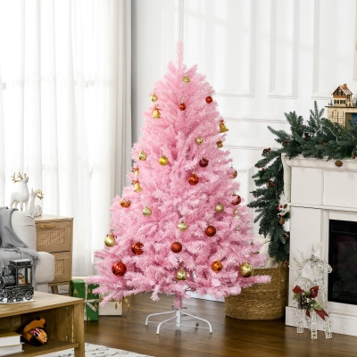 HOMCOM 5' Artificial Pink Christmas Tree with Auto Open, Steel Base, Wide Shape for Indoor Xmas Decoration