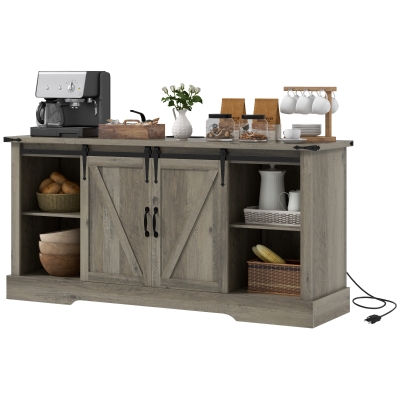 HOMCOM Farmhouse Sideboard with Charging Station, Sliding Barn Door, Gray