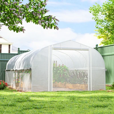 Outsunny 19.5' x 10' x 6.6' Tunnel Greenhouse Outdoor Green House with Roll-up Mesh Sidewalls, Mesh Door, Galvanized Steel, White