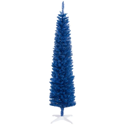 HOMCOM 7' Pencil Christmas Tree, Slim Artificial Xmas Tree with Realistic Branches, Sturdy Metal Stand, Deep Blue