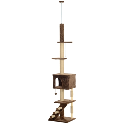PawHut 89"-104" Floor to Ceiling Cat Tree with Scratching Post, Cat House, 3-Steps, Hanging Ball, Perches, Anti-tip Kit, Brown
