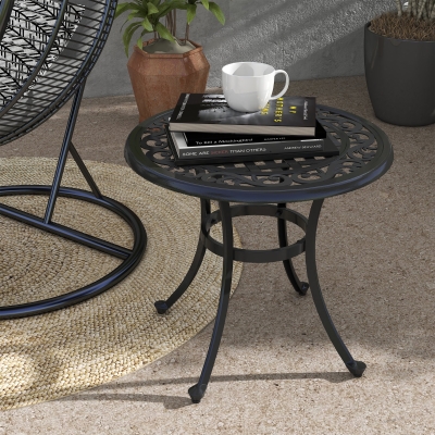 Outsunny Patio Table, Round Side Table with Cast Aluminium Frame, Adjustable Feet for Patio, Garden, Balcony, Black