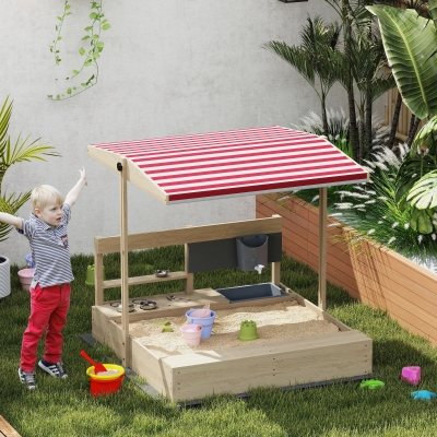 Outsunny Kids Sandbox with Cover Kitchen Playset Toys, Wooden Sand Box with Seat, Storage, for 3-7 Years Old, Natural Wood