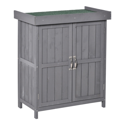 Outsunny Wooden Garden Tool Storage Shed Kit with Hinged Roof, 2-Tier Shelves and Double Doors, 74x43x88cm, Dark Grey