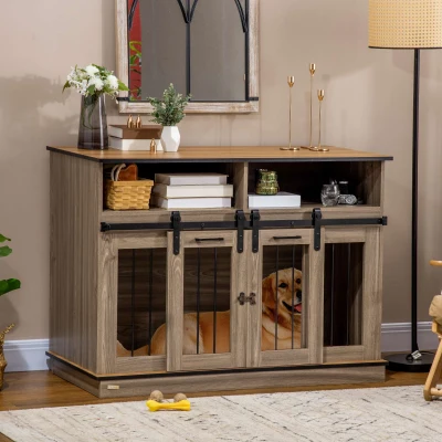 PawHut Double Dog Crate Furniture, Oak for Large/Small Dogs
