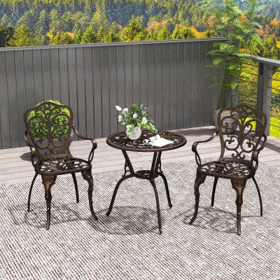 Outsunny 3 Pieces Cast Aluminum Bistro Set, Outdoor Patio Furniture Set with Umbrella Hole for Garden Balcony, Bronze