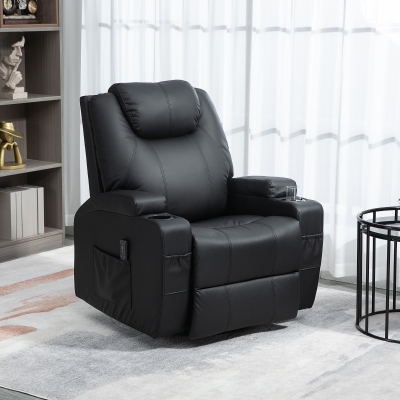HOMCOM Massage Recliner Chair, Swivel Nursery Rocker Chair, Manual Reclining Sofa with 8 Vibration Points, PU Leather, Cup Holders, Side Pockets, for Living Room, Black