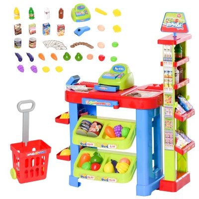 Qaba Kid Supermarket Fun Playset Grocery Store Pretend Play Toy with Shopping Cart Working Scanners Cash Register Accessories Light & Sound Gift for Boys and Girls Age 3-6 Years