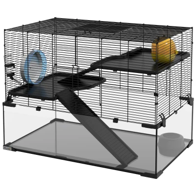 PawHut Hamster Cage, Gerbil Cage with Glass Basin for Small Hamsters, Black