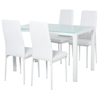 HOMCOM 5-Piece Rectangular Glass Kitchen Table and Chairs with Metal Frame and Faux Leather Upholstery for Dining Room, White
