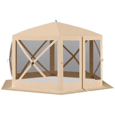 Outsunny 12' x 12' Hexagon Automatic Pop Up Screen Tents Camping Shelter Picnic Canopy Outdoor Sun Shade w/ Mesh Sidewalls and Carry Bag Beige