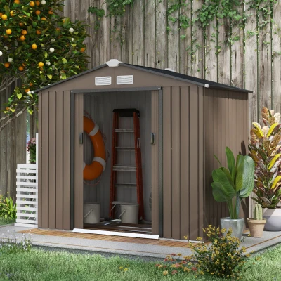 Outsunny 7' x 4' x 6' Garden Storage Shed Outdoor Patio Metal Tool Storage House w/ Foundation Kit and Double Doors Brown