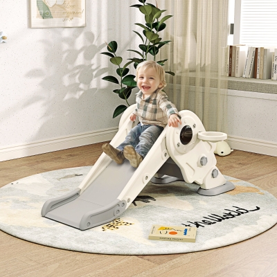 Qaba 3 in 1 Toddler Slide, Foldable Kids Slide with Basketball Hoop, Climber, Anti-Slide Step for Ages 2-5, Cream White