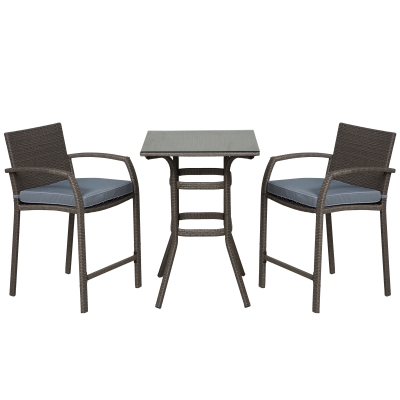 Outsunny 3 Pieces Patio Bar Set Wicker Garden Bistro Set Outdoor Furniture PE Rattan Table and Stools with Seat Cushion, Grey