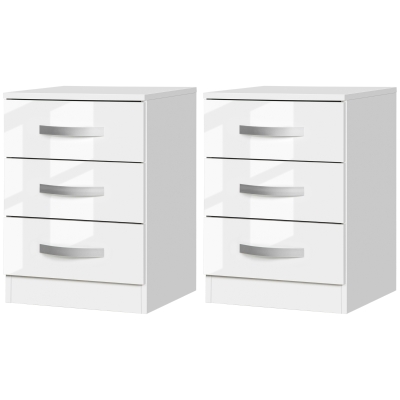 HOMCOM Modern Nightstand Set of 2, Bedside Tables with 3 High Gloss Drawers for Bedroom, White