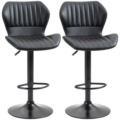 HOMCOM Shell Back Bar Stool Set of 2, PU Leather Adjustable Swivel Barstools with Chrome Base and Footrest for Kitchen Counter, Pub, Black