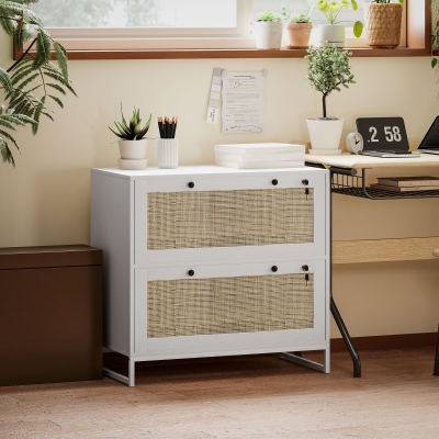 Vinsetto 2-Drawer Filing Cabinet with Lock, Rattan File Cabinet with Adjustable Hanging Bar, White