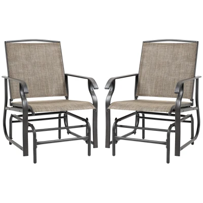 Outsunny 2 Pieces Outdoor Glider Chairs, 2 Person Glider Rocking Chair Set with Breathable Mesh Fabric, Steel Frame, Dark Brown