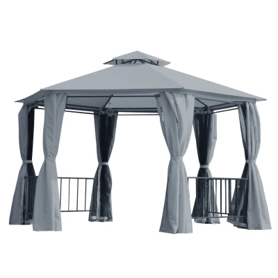 Outsunny 13ft Hexagon Gazebo Outdoor Canopy Shelter with Netting and Shaded Curtains Grey