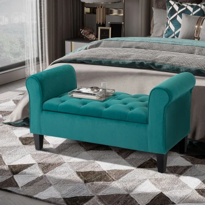 HOMCOM Button-Tufted Storage Ottoman Bench with Armrests, Green
