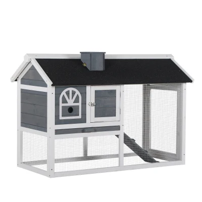 PawHut Wooden Rabbit Hutch with Run, Tray, Ramp, Asphalt Roof, Grey