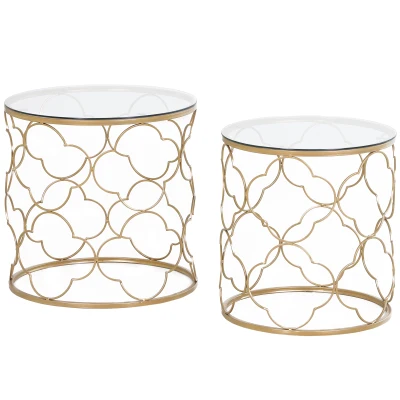 HOMCOM Set of 2 Nesting Table Coffee End Table Set Modern for Living room Furniture Decor Gold Tempered Glass