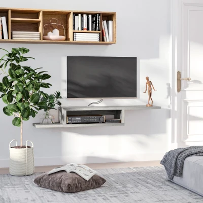 HOMCOM Wall-Mounted Floating Media Console Shelf, Grey