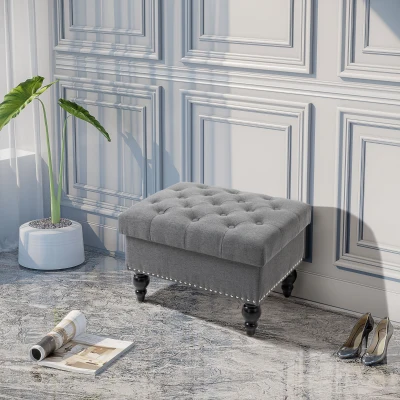 HOMCOM 25" Tufted Storage Ottoman Bench with Wood Legs, Gray