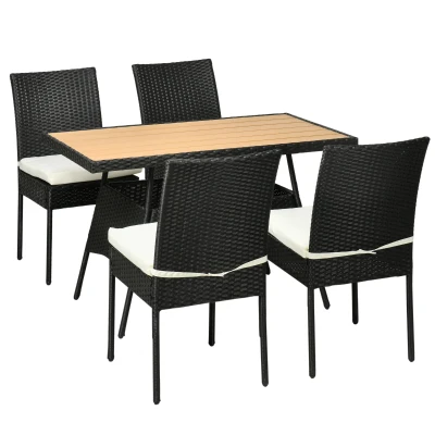 Outsunny 5 Pieces Wicker Patio Dining Set Outdoor Furniture Set with Removable Cushions, WPC Top Dining Table, PE Rattan Conversation Set for Garden Poolside Backyard, Cream White