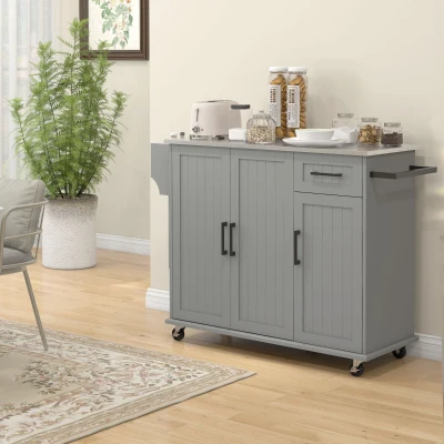 HOMCOM Kitchen Island with Wheels, Drawer, 3 Cabinets, Gray