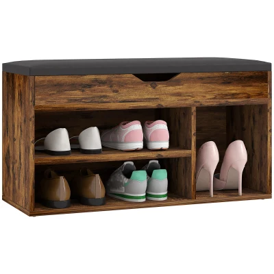 HOMCOM Shoe Bench Entryway Storage Rack with Padded Cushion, Hidden Storage for Hallway, Living Room, Rustic Brown