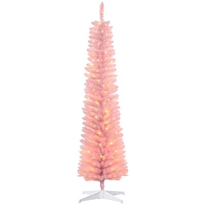 HOMCOM 7' Prelit Pencil Christmas Tree, Pink with LED Lights