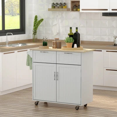 HOMCOM 41" Rolling Kitchen Island Cart, Gray Rubberwood Top