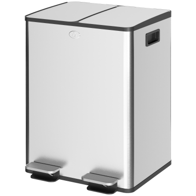 HOMCOM Dual Garbage Bin, Soft-Close Trash Can with Foot Pedal, 2 x 20 Liter Garbage Can with Removable Inner Buckets, Silver