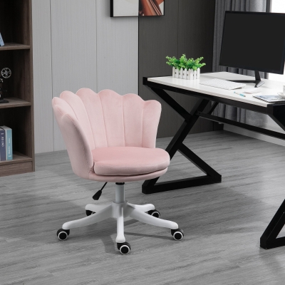 HOMCOM Adjustable Height Study Chair, Mid Back Velvet Office Chair with Swivel Wheels for Living Room, Study, Pink