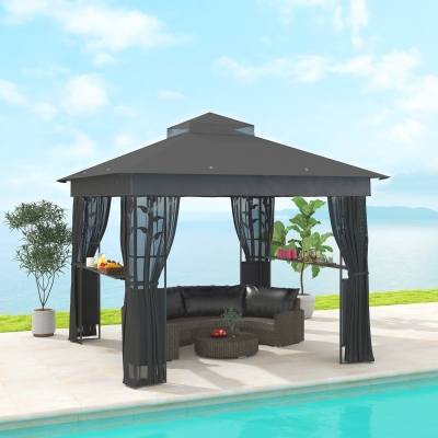 Outsunny 10' x 10' Outdoor Gazebo with Shelves and Netting, UV30+ Double Roof Patio Gazebo for Lawn, Backyard and Deck