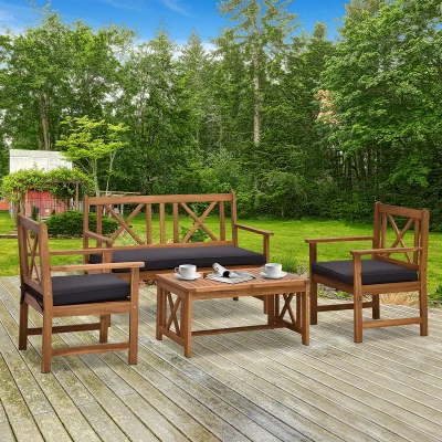 Outsunny 4-Piece Acacia Wood Patio Set with Cushions, Brown